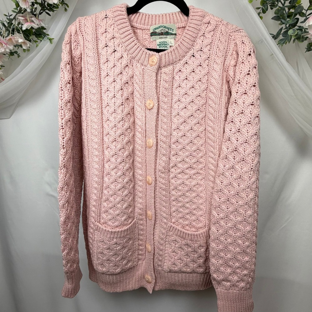 Aran Crafts Ireland Pink Merino Wool Cable Knit Cardigan Sweater Womens Large
